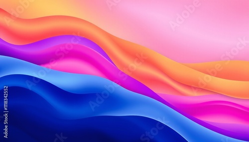 Abstract background with smooth undulating wave patterns that transition through a spectrum of colors. Start with deep blues and purples at the base gradually shifting to warm oranges yellows.