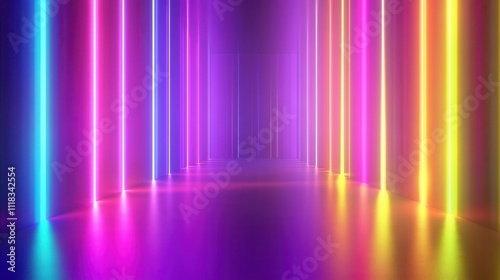 Vibrant neon light corridor with colorful glowing stripes.