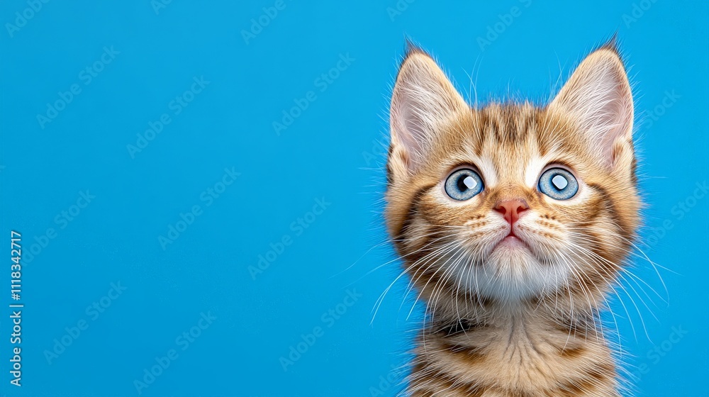 Curious Kitten on Blue: An adorable tabby kitten with striking blue and gold eyes looks inquisitively upward against a vibrant blue background. The image is perfect for pet-related projects, blogs. Curious Kitten on Blue: An adorable tabby kitten with striking blue and gold eyes looks inquisitively upward against a vibrant blue background. The image is perfect for pet-related projects, blogs.