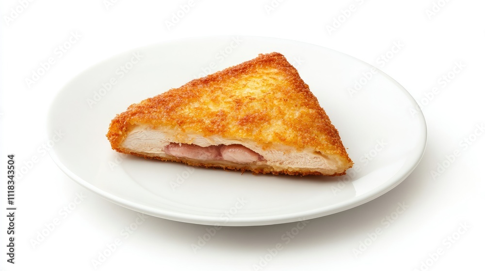 Crispy Breaded Chicken Slice on White Plate Isolated on White Background Crispy Breaded Chicken Slice on White Plate Isolated on White Background
