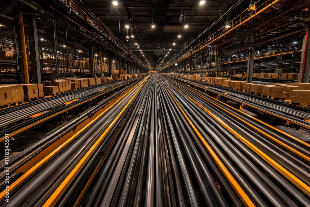 Fototapeta premium A logistics hub with conveyor belts and automated sorting machines, packages moving seamlessly through the system, and generative stock