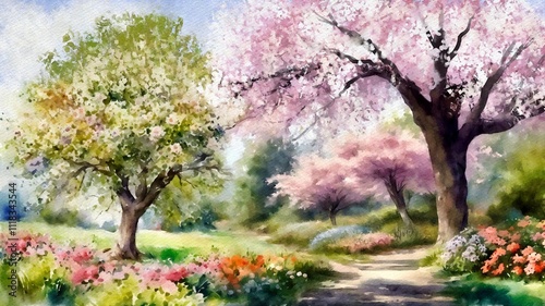 Flowers and trees in the garden, watercolor paintings rustic landscape, artwork