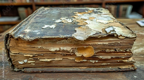 Close-Up of a Rotting Book in an Old Library Setting