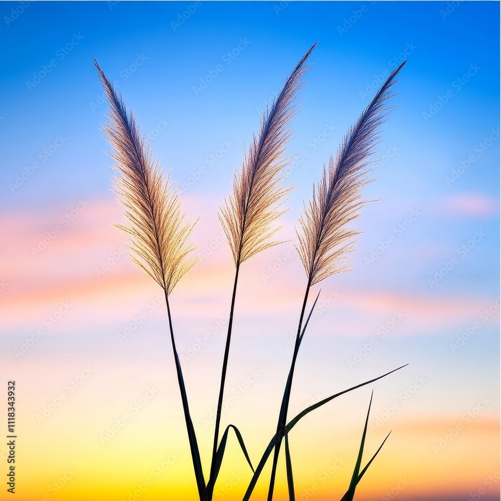 Silhouetted Grass Blades Against Vibrant Sunset Sky Silhouetted Grass Blades Against Vibrant Sunset Sky
