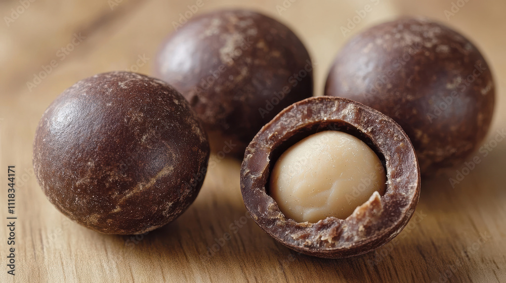 Delicious macadamia nuts coated in chocolate, showcasing their rich texture and flavor. Perfect for snacking or as gourmet treat