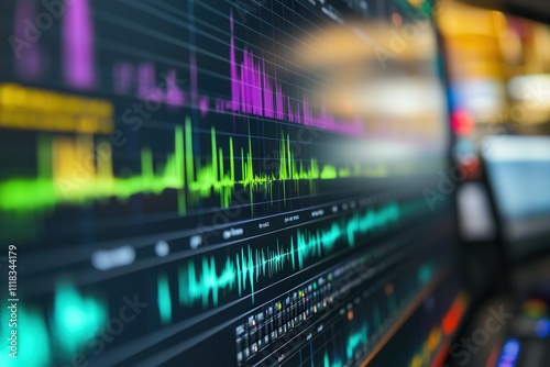 Colorful digital audio waveform display on technical screen.