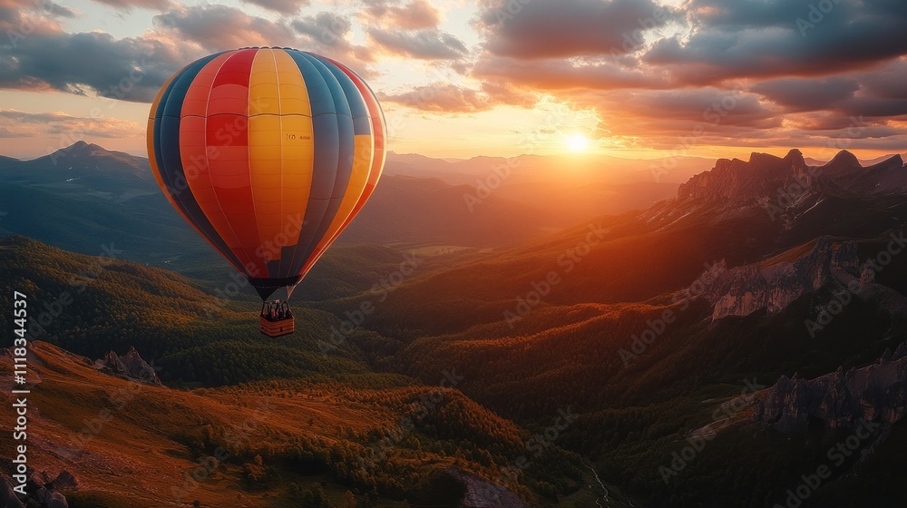 Obraz premium Hot air balloon soaring over majestic sunset mountains.