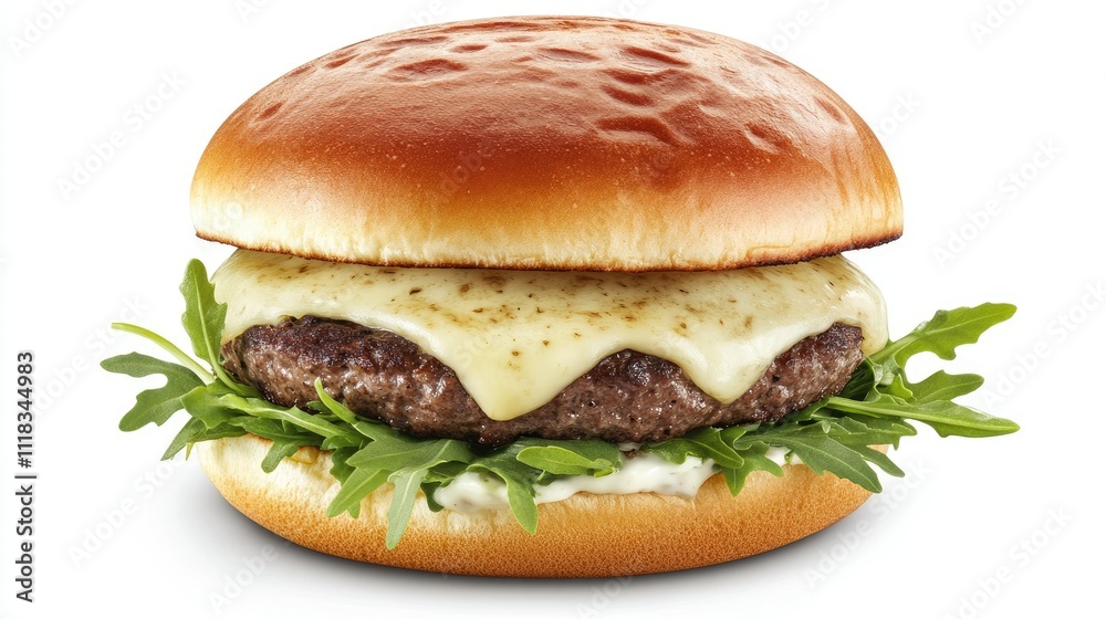 Juicy burger with melted cheese on fresh bun and arugula greens Juicy burger with melted cheese on fresh bun and arugula greens