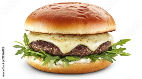 Juicy burger with melted cheese on fresh bun and arugula greens