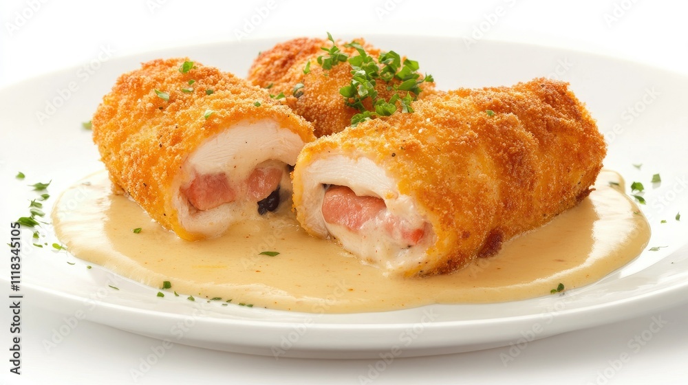 Breaded Chicken Rolls with Creamy Sauce and Fresh Herbs Garnish Breaded Chicken Rolls with Creamy Sauce and Fresh Herbs Garnish