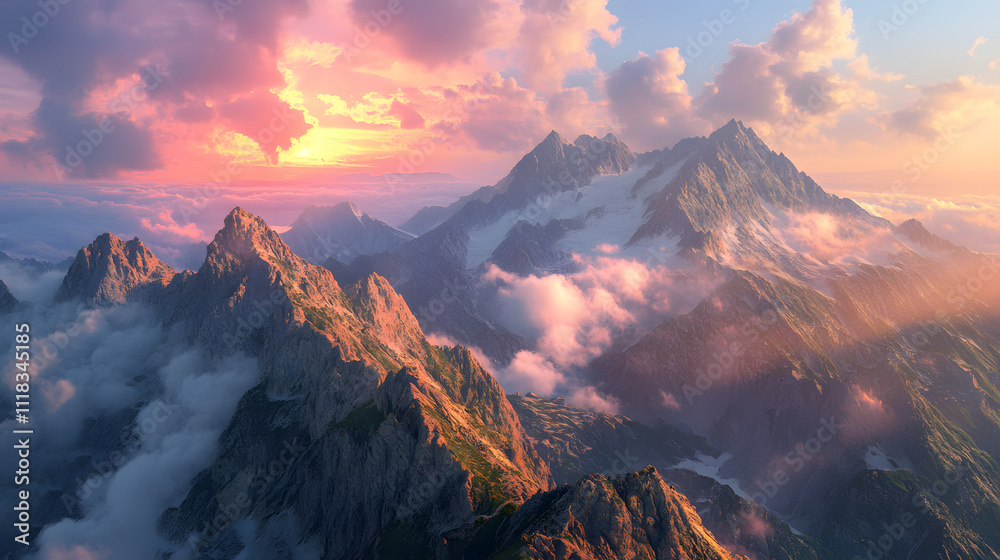 Fototapeta premium Majestic mountain landscape at sunset with colorful clouds and soft light