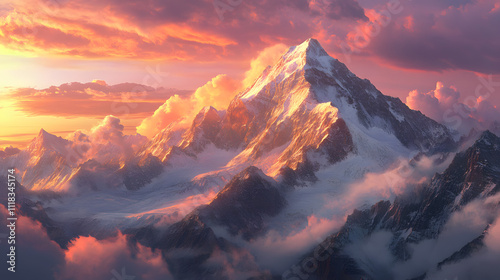 Majestic mountain peak illuminated by sunset with colorful clouds in the sky