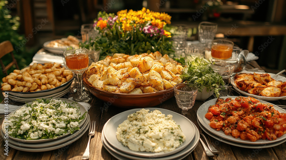 Fototapeta premium vibrant outdoor dining setup featuring variety of healthy dishes, including roasted potatoes, salads, and fresh herbs, perfect for gathering