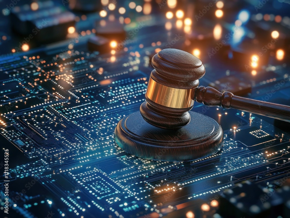 Gavel on Circuit Board - Justice in the Digital Age Gavel on Circuit Board - Justice in the Digital Age