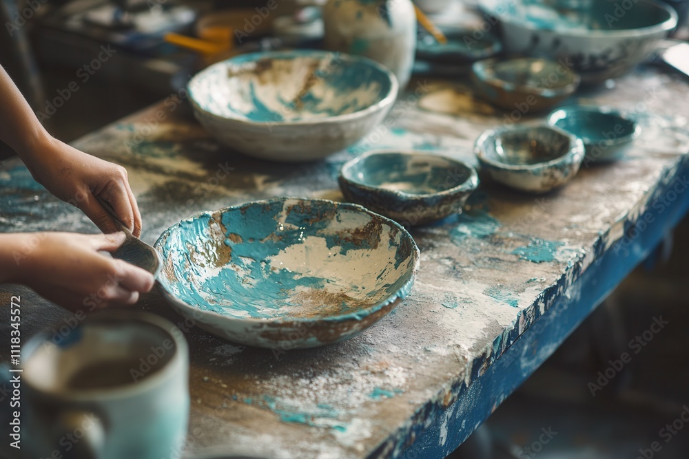 Obraz premium Artisan crafting ceramics in studio with hands shaping blue and white bowls on rustic table.