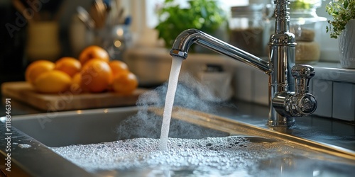 Hot Water Pouring From Modern Faucet in Kitchen Sink
