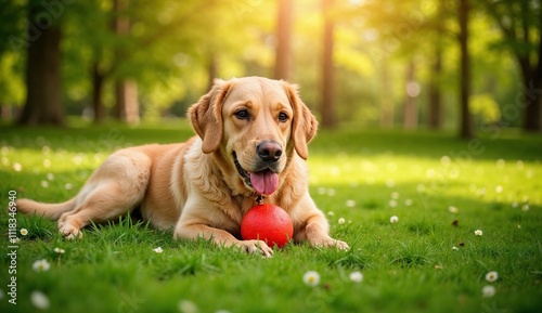 Labrador with Red Ball on Green Grass