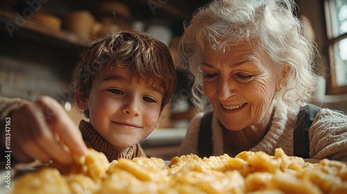 Grandmother and grandson enjoy homemade pasta in cozy kitchen setting