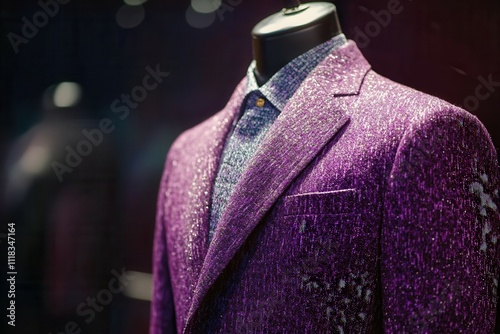 Elegant mannequin display with purple glitter suit jacket in fashion boutique.