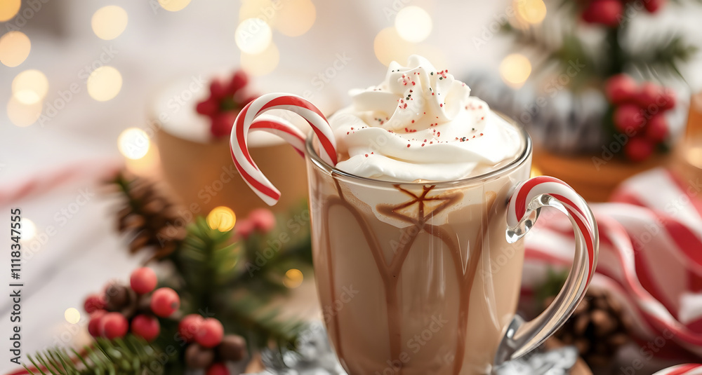 custom made wallpaper toronto digitalWarm holiday hot chocolate topped with whipped cream and candy canes in a cozy Christmas atmosphere.
