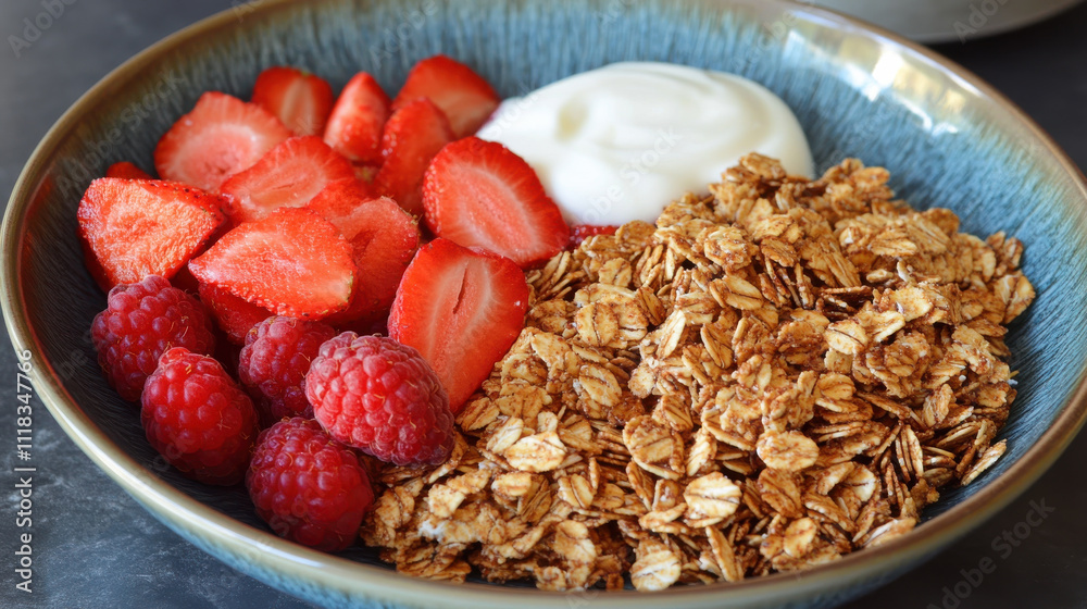 Homemade granola with yogurt and fresh strawberries and raspberries creates delicious and healthy breakfast option. Enjoy vibrant colors and textures! Homemade granola with yogurt and fresh strawberries and raspberries creates delicious and healthy breakfast option. Enjoy vibrant colors and textures!