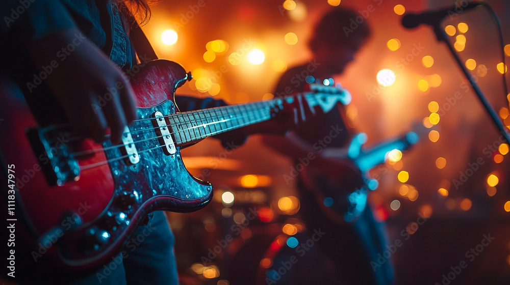 Naklejka premium Musicians performing live at an intimate venue with colorful lights in the background