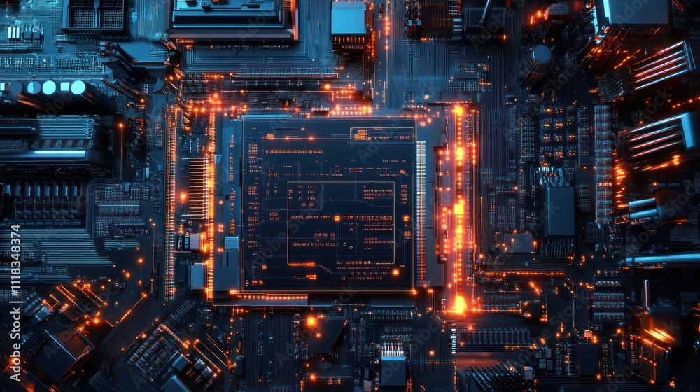 Close-up of illuminated computer motherboard with central processor. Close-up of illuminated computer motherboard with central processor.