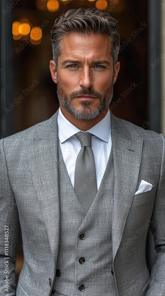 Stylish man in gray suit standing confidently in elegant urban setting during daylight Stylish man in gray suit standing confidently in elegant urban setting during daylight