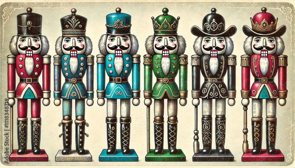 Naklejka premium Illustration von sechs klassischen Nussknackern in bunten Uniformen mit detailreichen Verzierungen auf neutralem Hintergrund. Perfekt für weihnachtliche oder nostalgische Designs. Generative KI