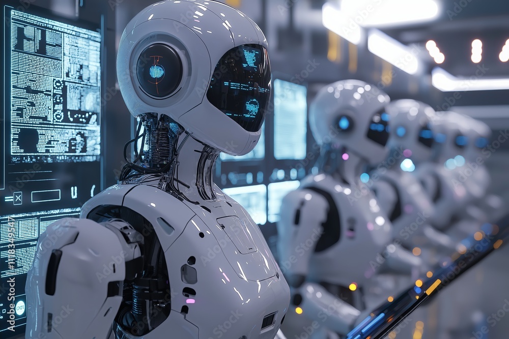 A collection of sleek robots showcased in a modern setting. A collection of sleek robots showcased in a modern setting.