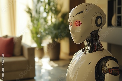 A humanoid robot with glowing red eyes stands elegantly within a cozy, well-lit domestic environment. photo