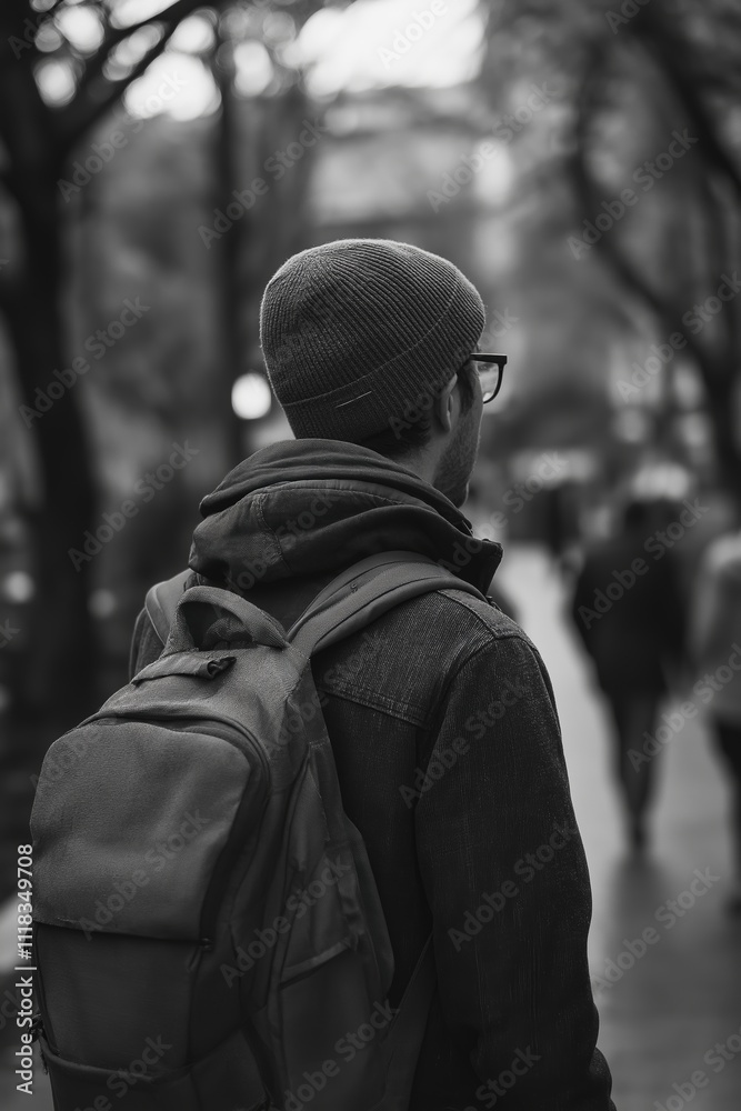A man with a backpack is seen from behind, capturing a moment of contemplation in a bustling street.
