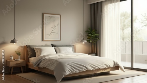 Serene modern bedroom with minimalist decor and natural lighting.