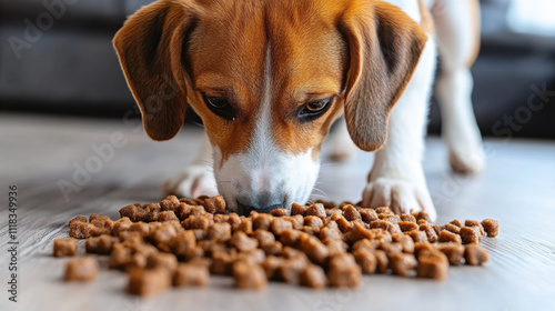 curious dog sniffs food on floor, showcasing its playful nature and excitement. scene captures dog focus and eagerness to explore tasty treats photo