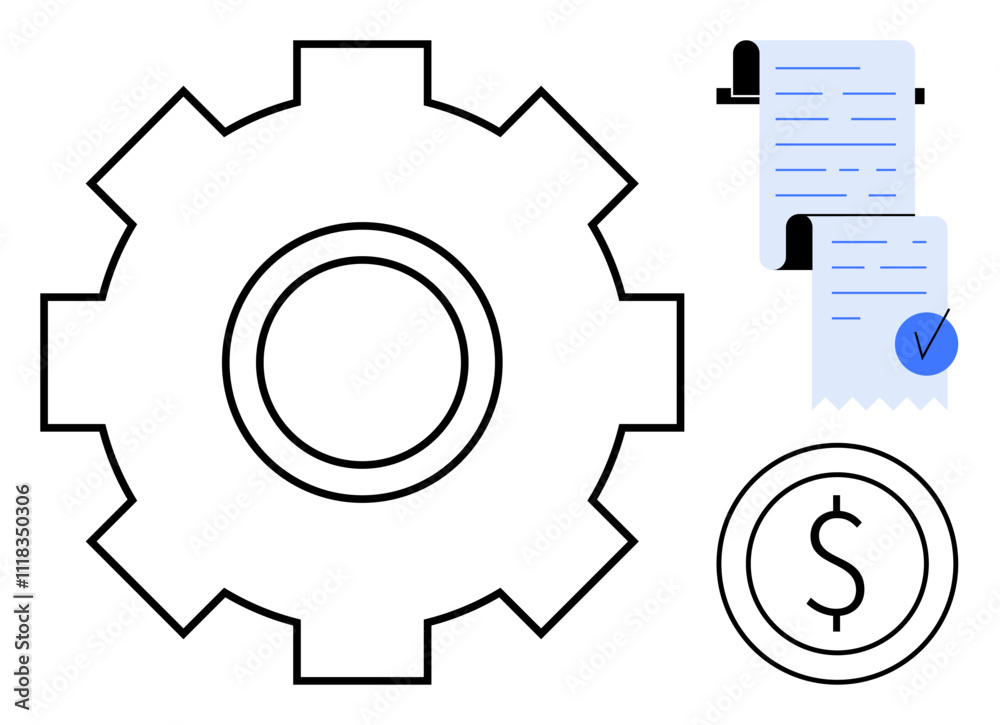 Large gear icon accompanied by a financial document with a check mark and a dollar sign. Ideal for business, finance, operations management, budgeting, and process optimization. Simple outlined style Large gear icon accompanied by a financial document with a check mark and a dollar sign. Ideal for business, finance, operations management, budgeting, and process optimization. Simple outlined style