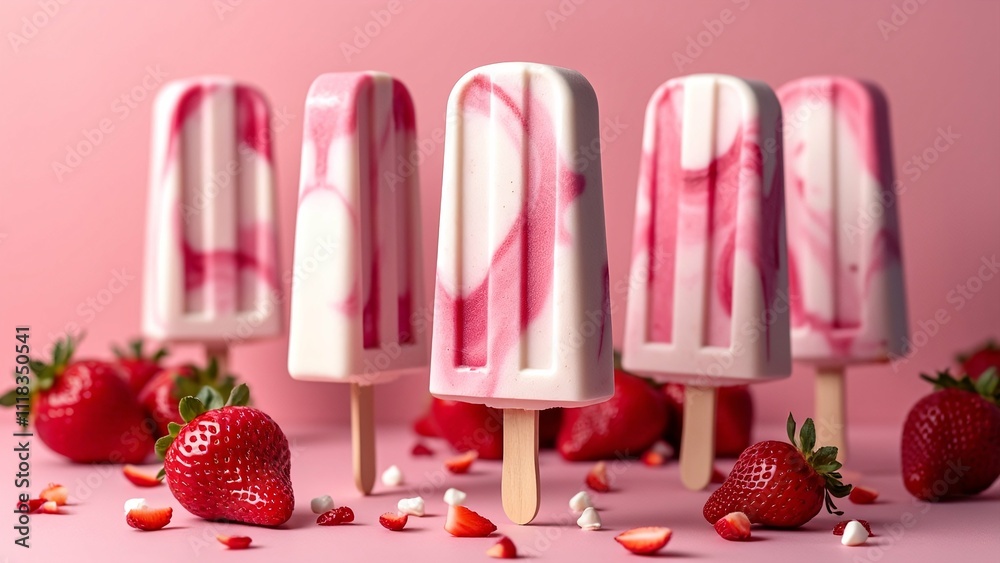 Delicious Strawberry and Cream Popsicles on Pink Background with Fresh Strawberries pc, laptop wallpaper Delicious Strawberry and Cream Popsicles on Pink Background with Fresh Strawberries pc, laptop wallpaper
