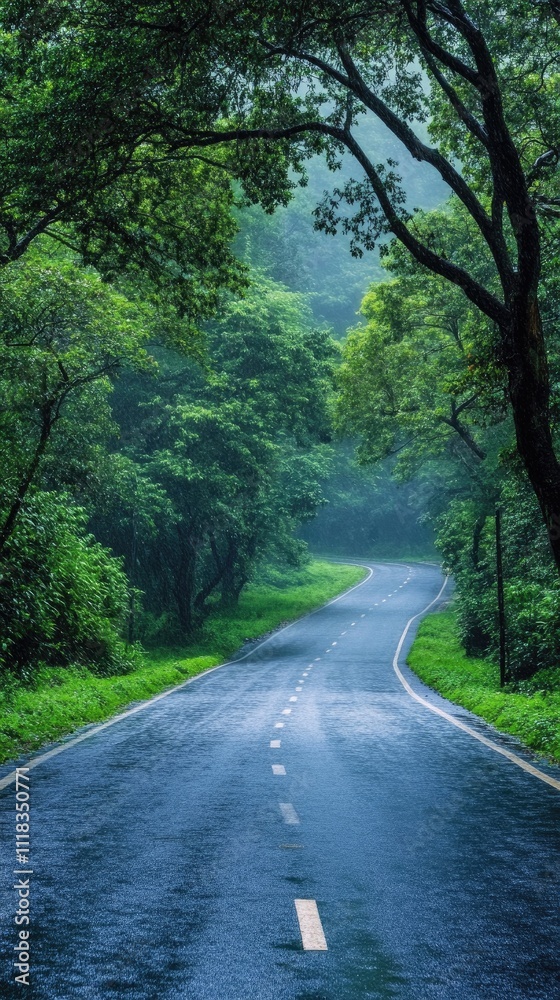 Fototapeta premium Rainy Day Road Through Lush Green Forest Canopy