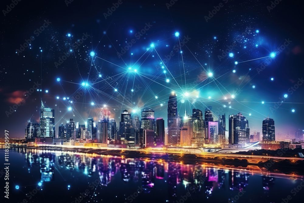 Obraz premium Unbelievable Smart network and Connection technology concept at night