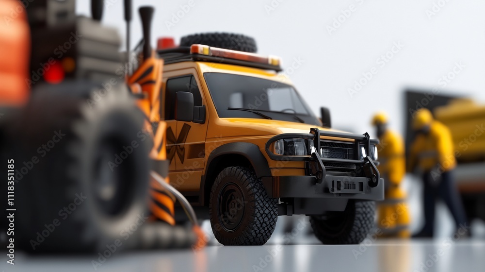 Close-up of a yellow utility vehicle surrounded by construction equipment and workers. Close-up of a yellow utility vehicle surrounded by construction equipment and workers.