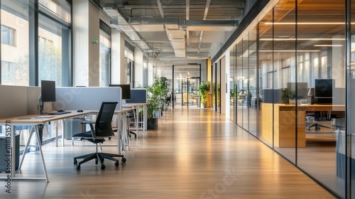 Modern open office with glass walls and wooden flooring in urban setting.