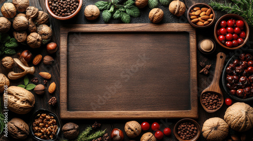 wooden background surrounded by various mixed nuts, spices, and herbs creates rustic and inviting atmosphere. Perfect for culinary presentations or food related themes photo