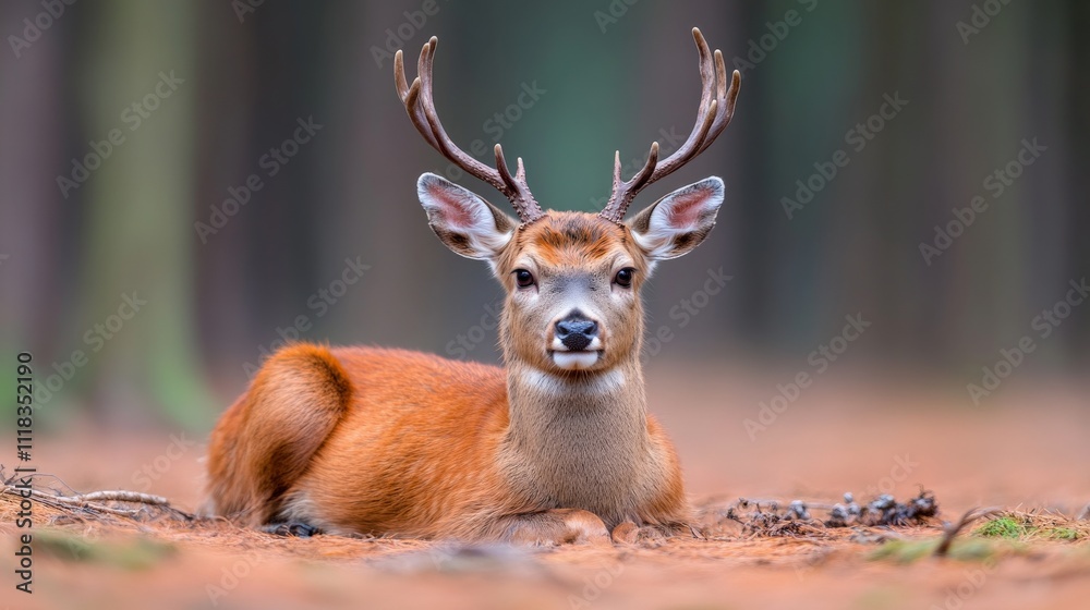 Majestic Deer in Woodland: A close-up portrait of a majestic deer with antlers, lying amidst the earthy tones of a woodland setting. Majestic Deer in Woodland: A close-up portrait of a majestic deer with antlers, lying amidst the earthy tones of a woodland setting.