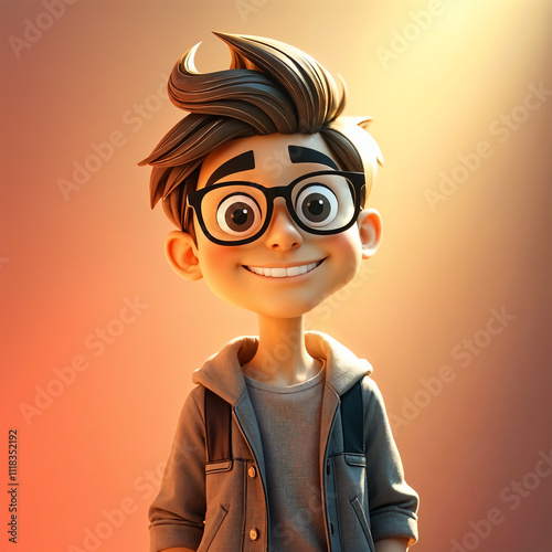 3D animated character with a friendly smile, wearing stylish glasses, expressive eyes, and modern casual attire.
