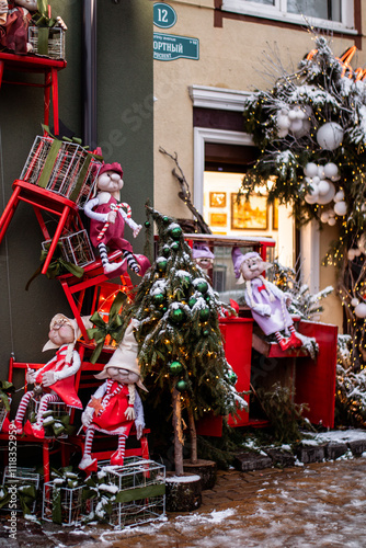 Decorated streets for the New Year and Christmas in Zelenogradsk at the Baltic sea.
