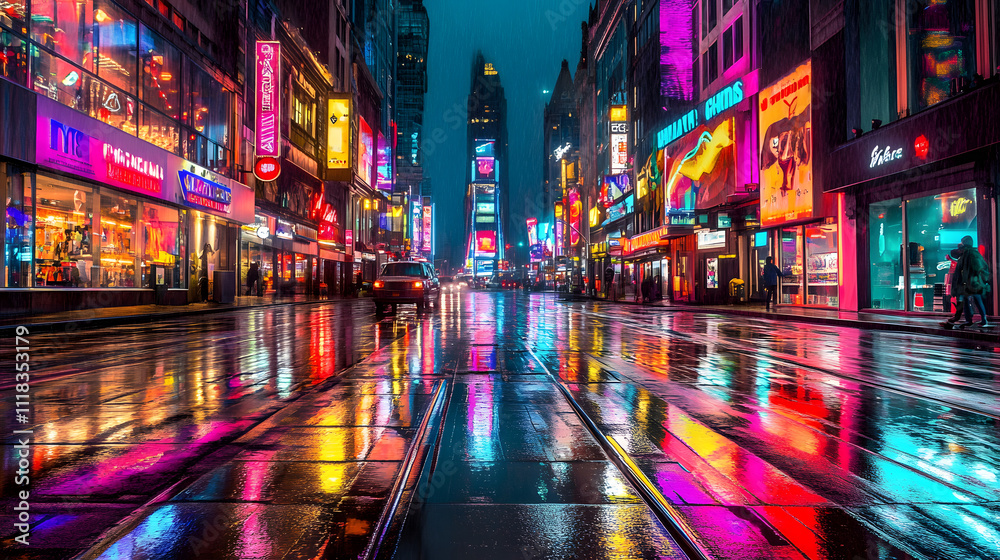 Fototapeta premium A Breathtaking Neon Cityscape: Illuminated Buildings and Bustling Streets Creating an Urban Fantasy at Night
