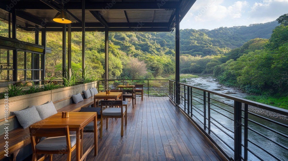 Fototapeta premium Serene Riverside Deck with Wooden Furniture and Lush Greenery