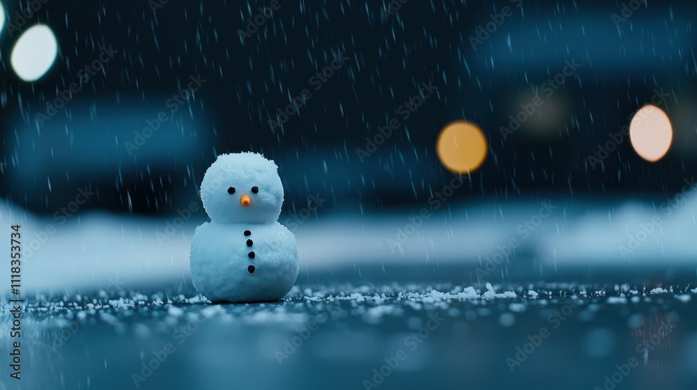 Sad snowman stands alone in the winter night under falling snow and streetlights