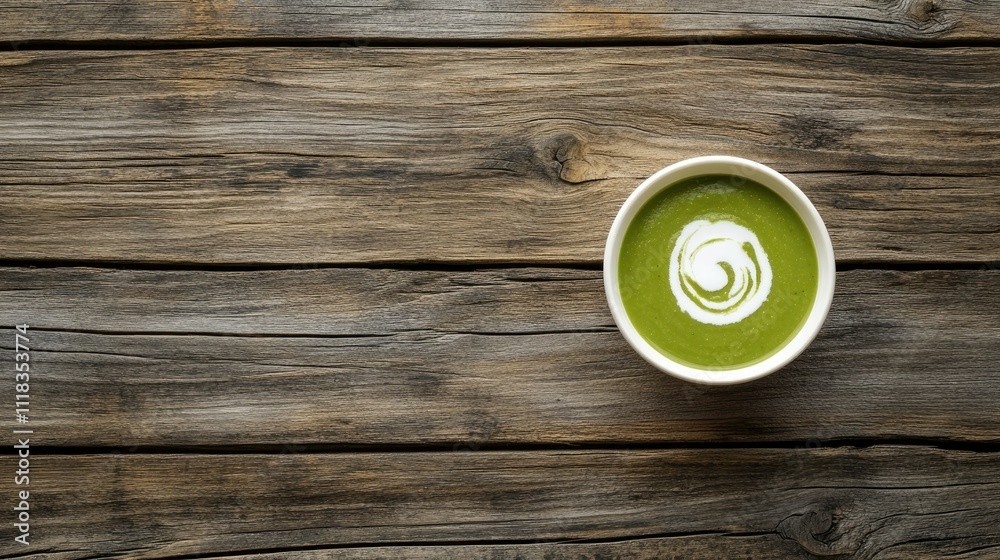 Fresh Green Soup with Cream Swirl on Rustic Wooden Table