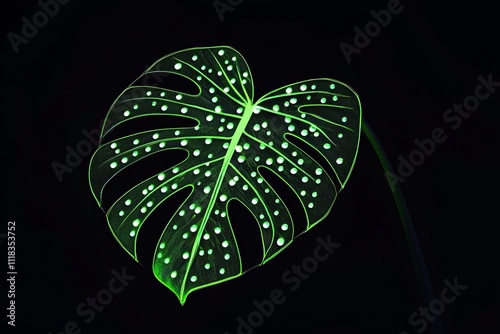 Vibrant Glowing Monstera Leaf in the Dark.  Close-up Botanical Art photo