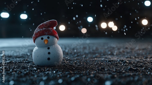 Fototapeta Naklejka Na Ścianę i Meble -  Sad snowman stands alone under dim lights in a snowy night